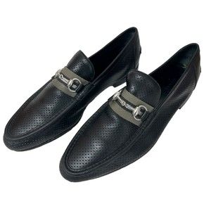 Gucci Men Shoes Black Leather Perforated Sz 8 Loafer Slip On Horsebit Web Italy